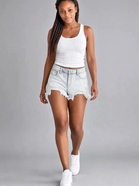 Cello Light Wash Distressed Raw Hem Denim Shorts Distressed Jean Shorts in Blue